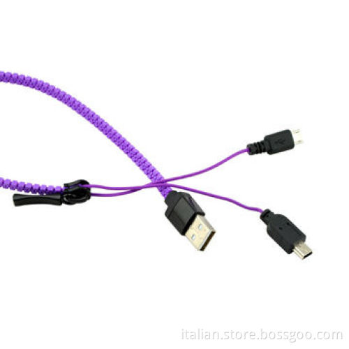 Convenient zipper design 2-in-1 charging &sync data USSB cable for iPhone/Samsung/Android